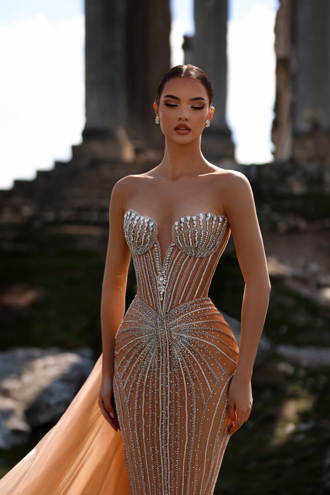 Dusty Pink Sequin Dress with Corset Bodice – Strapless Glitter Dress with Overskirt and Tulle Plus Size - WonderlandByLilian