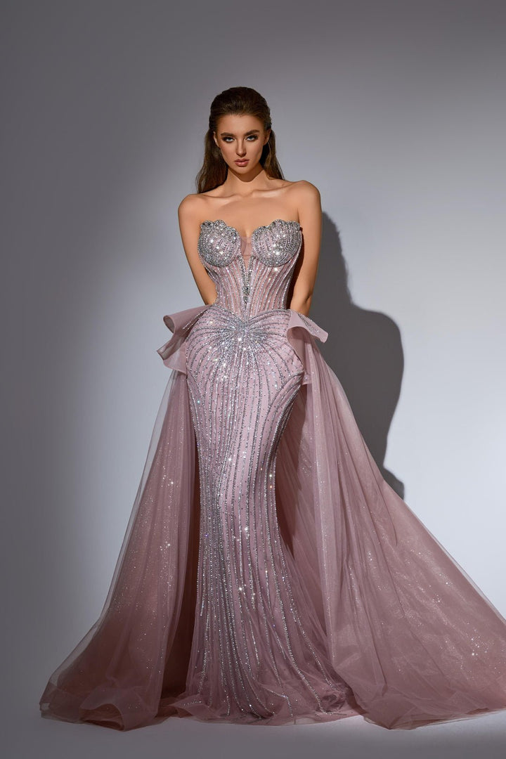 Dusty Pink Sequin Dress with Corset Bodice – Strapless Glitter Dress with Overskirt and Tulle Plus Size
