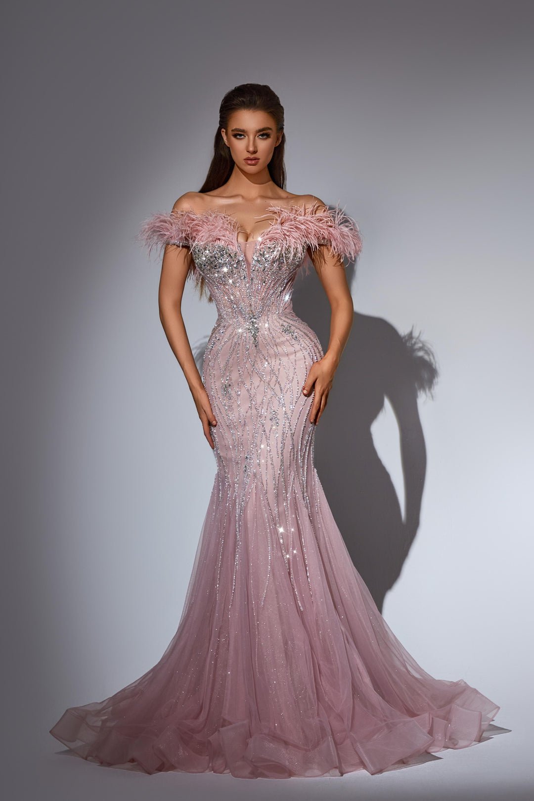 Dusty Pink Sequin Dress with Feather Off - Shoulder Bodice – Sequin and Feather Dress with Tulle Plus Size - WonderlandByLilian