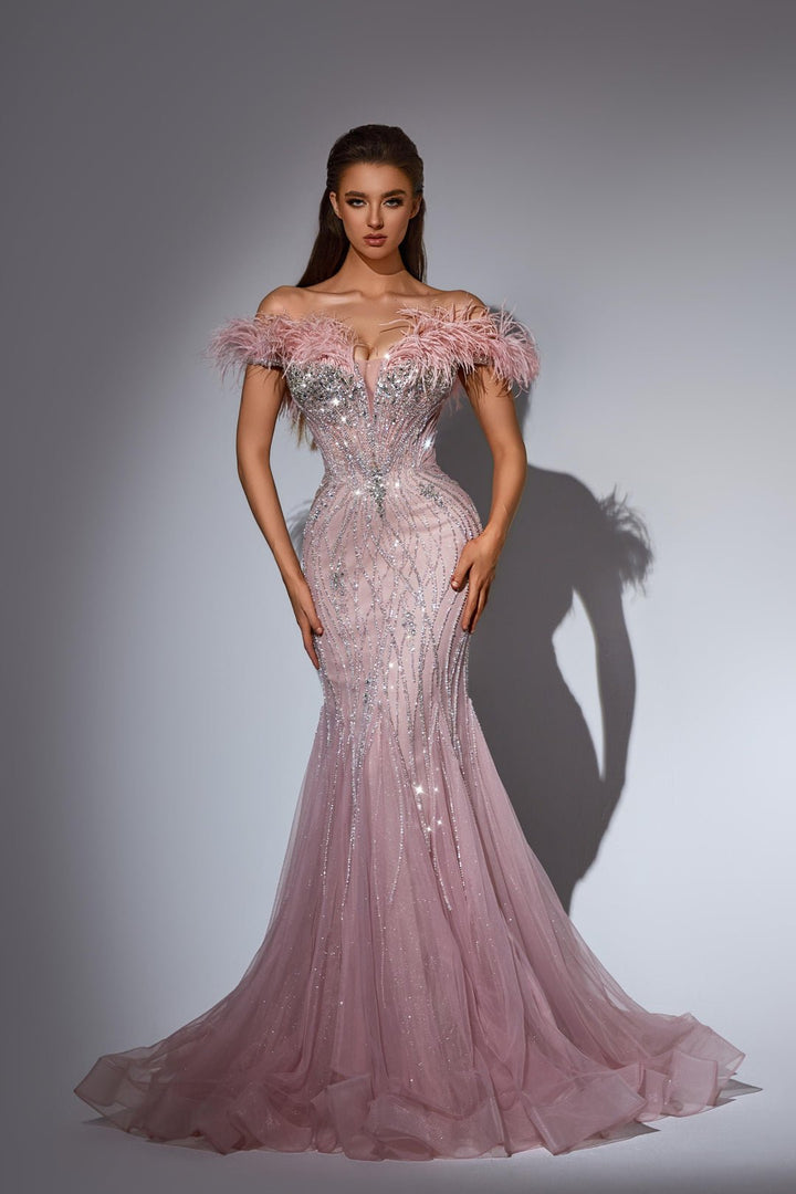 Dusty Pink Sequin Dress with Feather Off - Shoulder Bodice – Sequin and Feather Dress with Tulle Plus Size - WonderlandByLilian