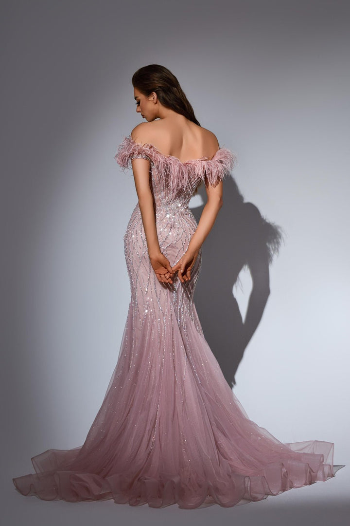 Dusty Pink Sequin Dress with Feather Off - Shoulder Bodice – Sequin and Feather Dress with Tulle Plus Size - WonderlandByLilian
