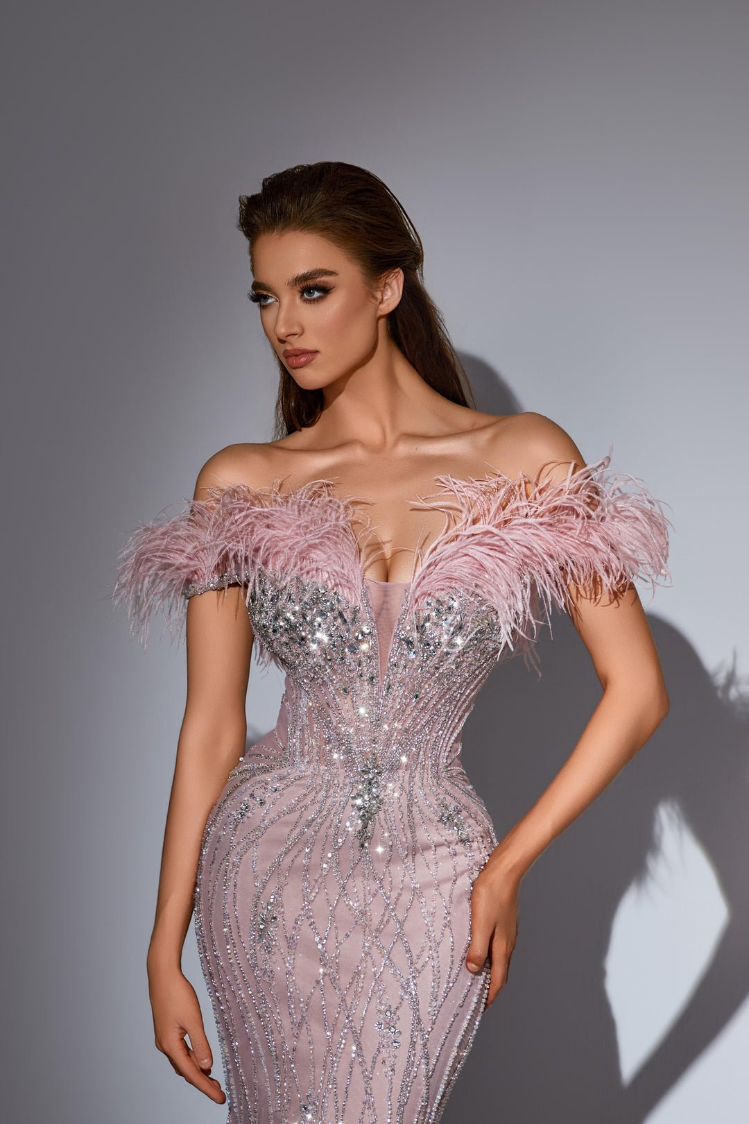 Dusty Pink Sequin Dress with Feather Off - Shoulder Bodice – Sequin and Feather Dress with Tulle Plus Size - WonderlandByLilian