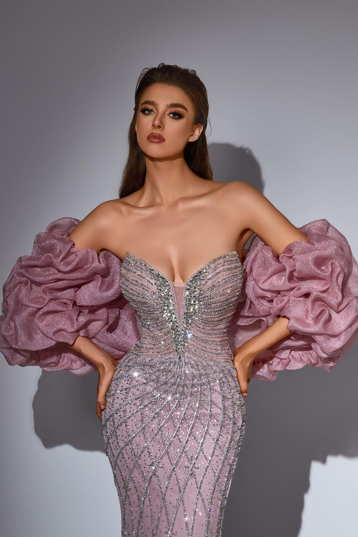 Dusty Pink Sequin Dress with Strapless Bodice and Ruffled Sleeves – Glitter Maxi Dress with V - Neck Plus Size - WonderlandByLilian