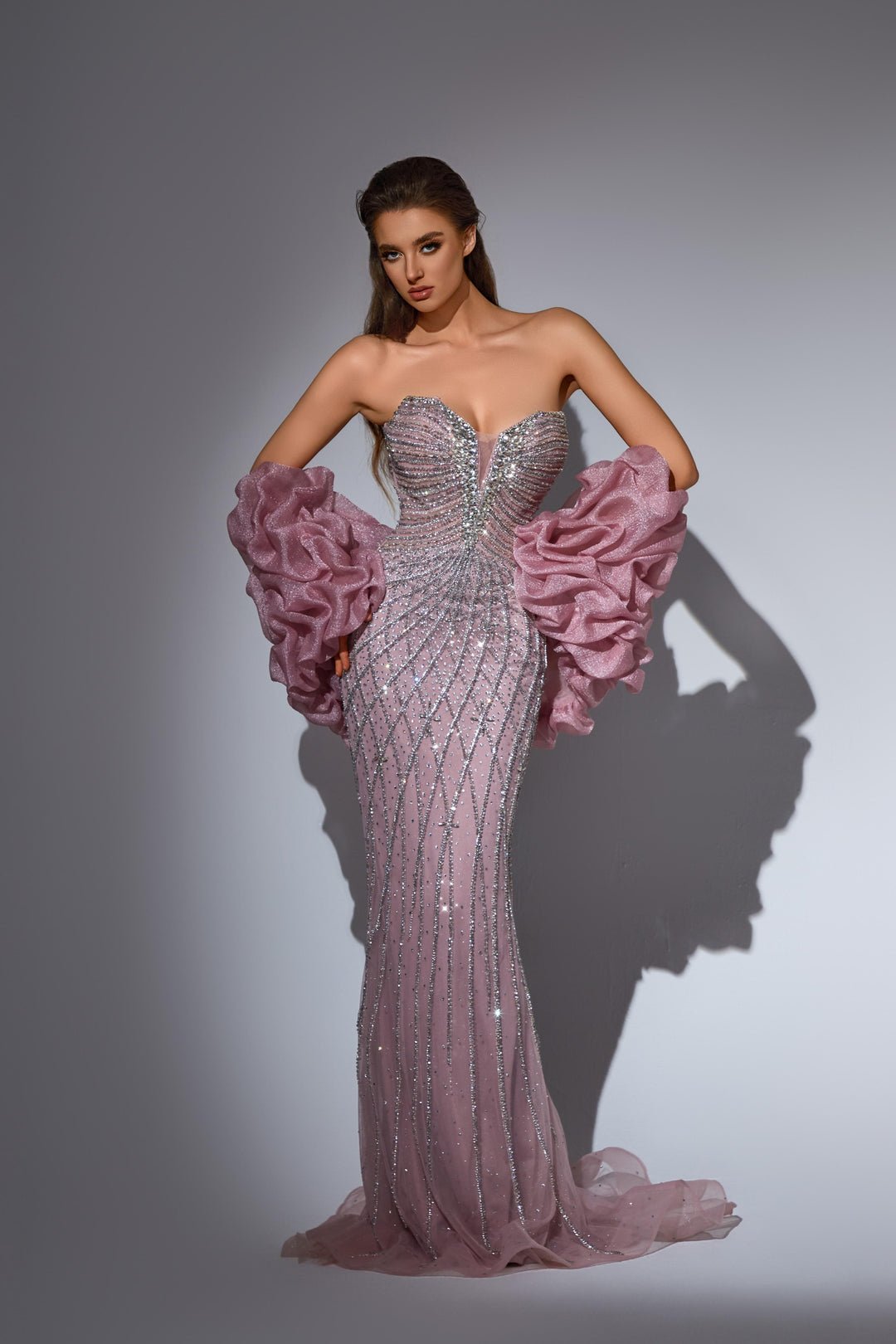Dusty Pink Sequin Dress with Strapless Bodice and Ruffled Sleeves – Glitter Maxi Dress with V - Neck Plus Size - WonderlandByLilian