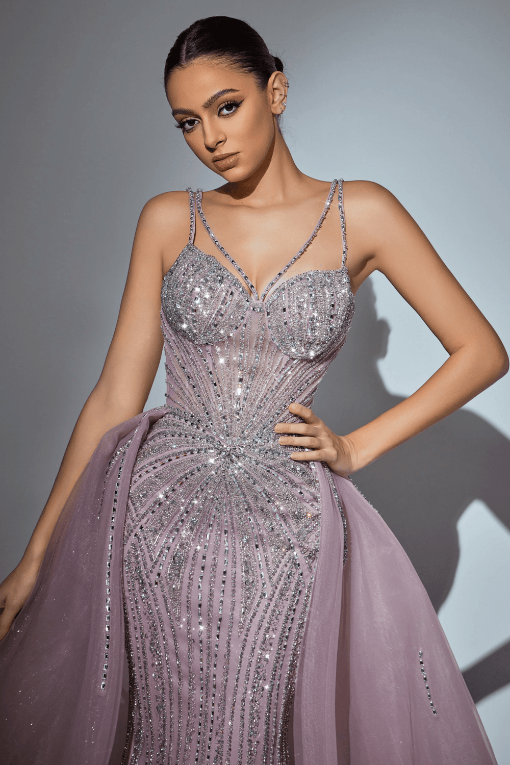 Dusty Pink Sequin Evening Gown with Beaded Corset – Sparkly Maxi Dress with High Slit and Tulle Skirt Plus Size - WonderlandByLilian