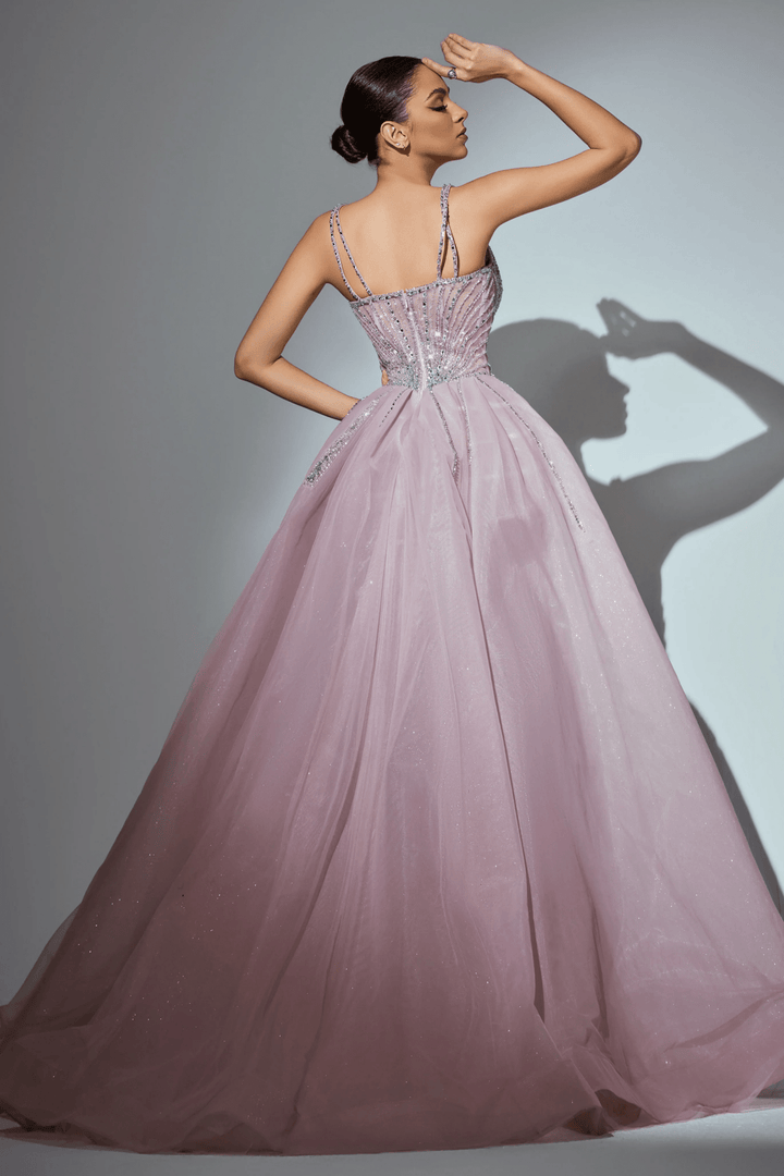 Dusty Pink Sequin Evening Gown with Beaded Corset – Sparkly Maxi Dress with High Slit and Tulle Skirt Plus Size - WonderlandByLilian