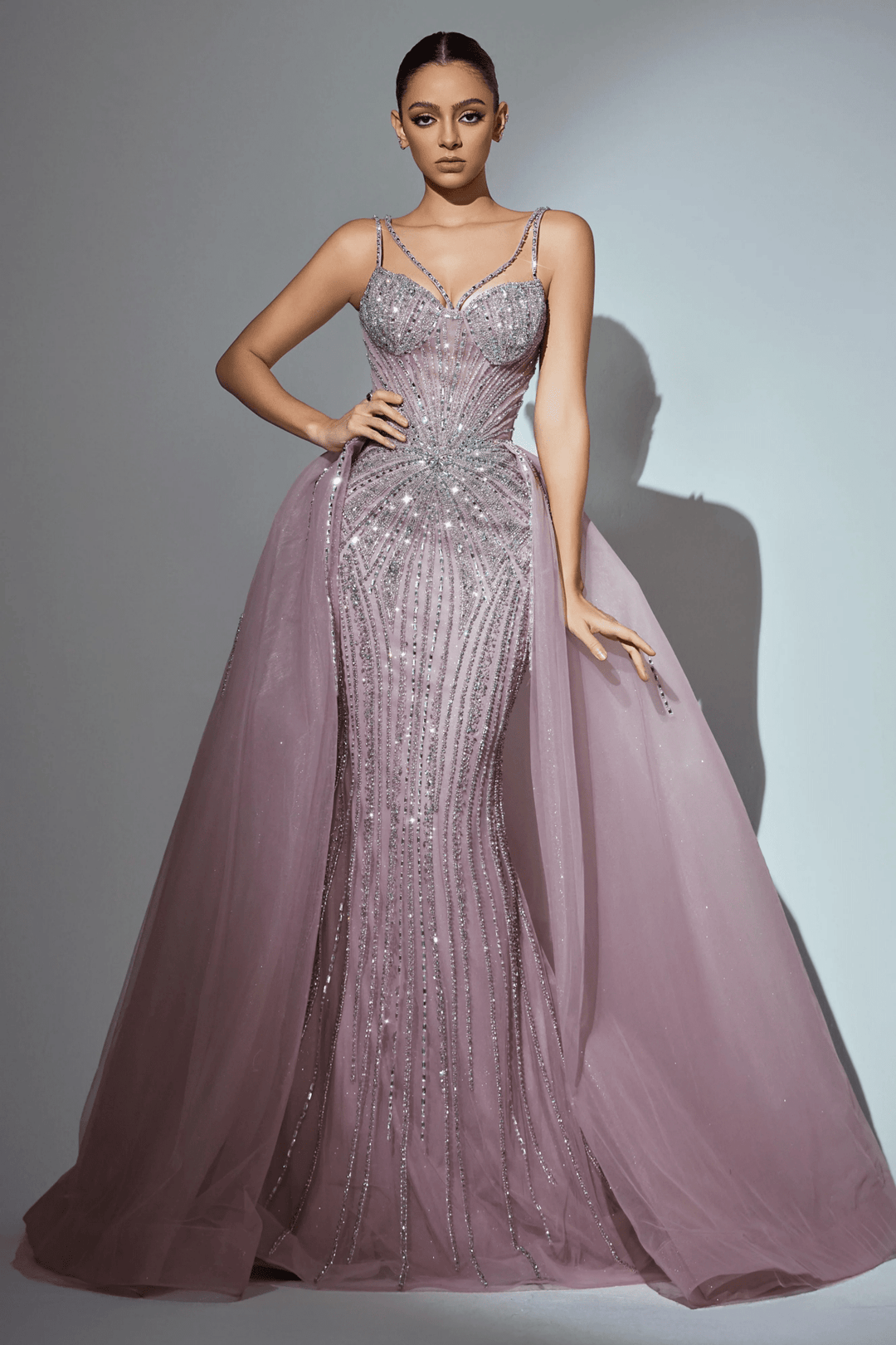 Dusty Pink Sequin Evening Gown with Beaded Corset – Sparkly Maxi Dress with High Slit and Tulle Skirt Plus Size Size 20W / Pink