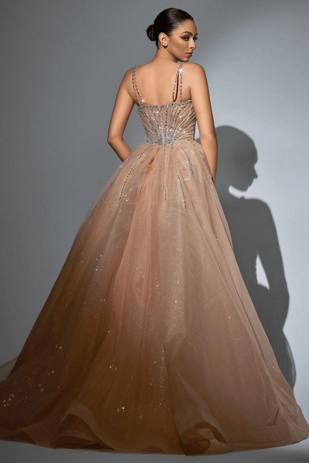 Dusty Pink Sequin Evening Gown with Beaded Corset – Sparkly Maxi Dress with High Slit and Tulle Skirt Plus Size - WonderlandByLilian