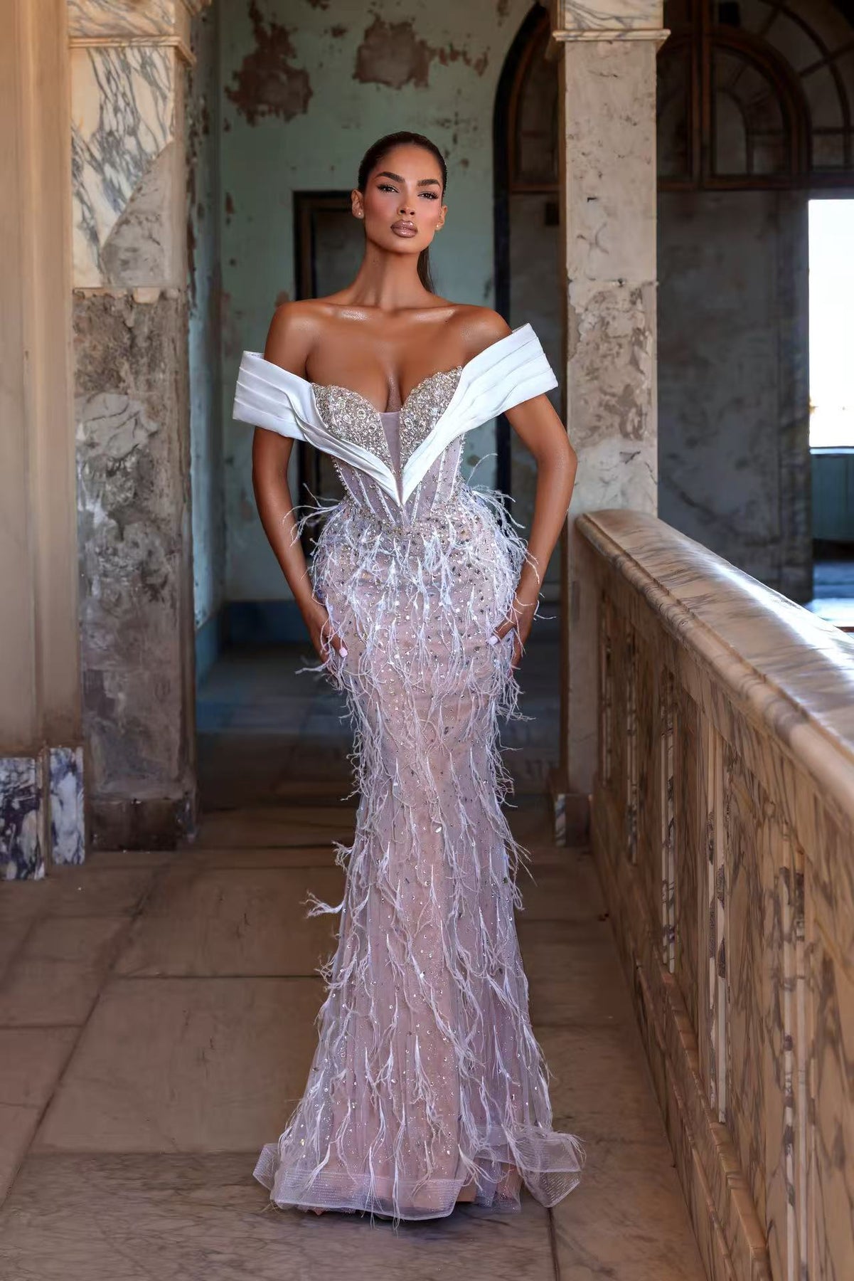 White Sequin Prom Dress Long with Feather Details – White Sequin Dress