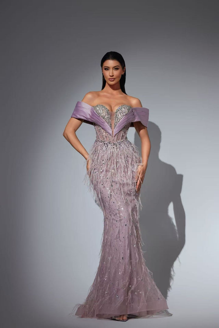 Dusty Pink Sequin Prom Dress Long with Feather Details – White Sequin Dress - Glitter Maxi Dress Plus Size - WonderlandByLilian