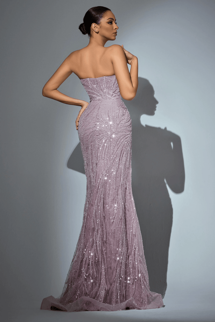 Dusty Pink Sequin Prom Dress Long with High Slit and Beaded Floral Detailing – White Sequin Dress with Sheer Train Plus Size - WonderlandByLilian