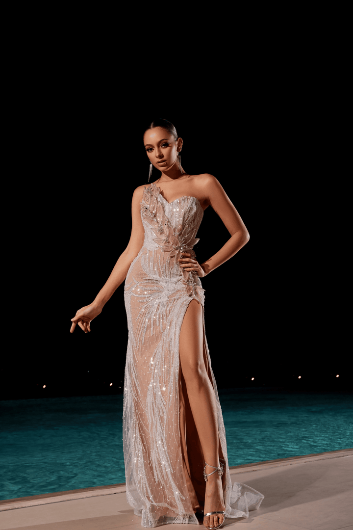 Dusty Pink Sequin Prom Dress Long with High Slit and Beaded Floral Detailing – White Sequin Dress with Sheer Train Plus Size - WonderlandByLilian