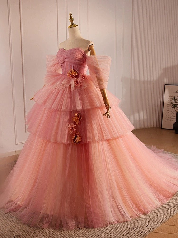 dusty pink tulle dress pink tulle dress long Modest Short Sleeves A Line Tulle Dusty Pink Bridesmaid Dress TANYA BRIDAL