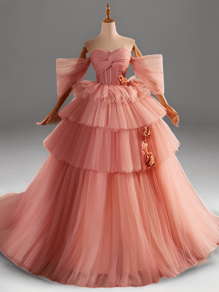 Dusty Pink Tulle Evening Dress with Delicate Floral Appliqué - Pink Tulle Party Dress Plus Size - WonderlandByLilian