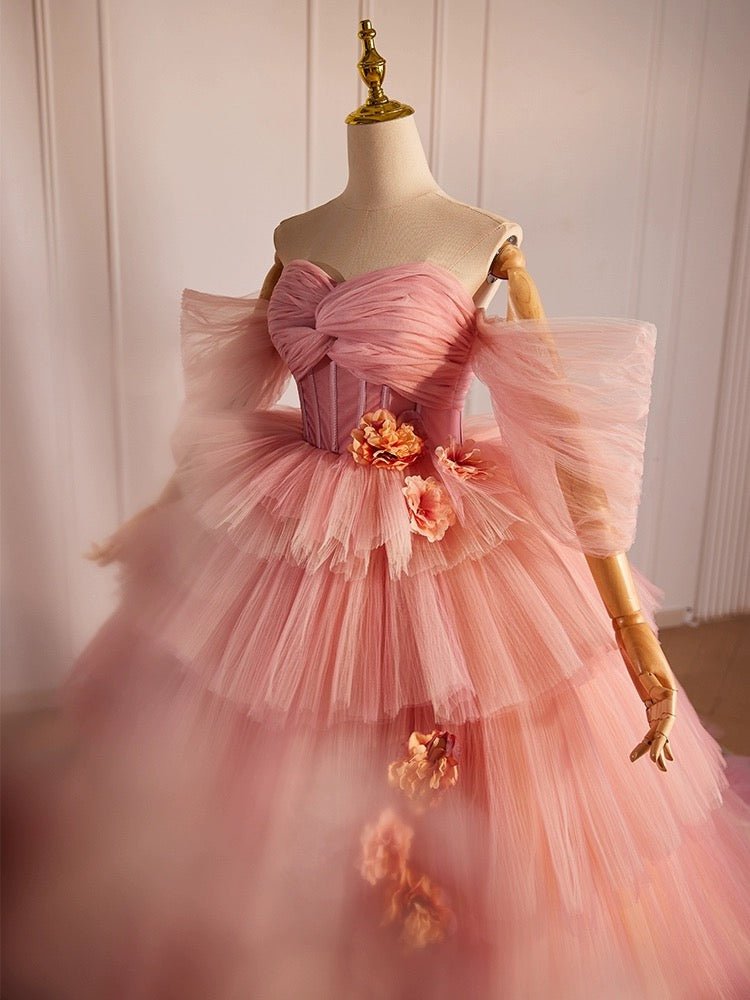 Dusty Pink Tulle Evening Dress with Delicate Floral Appliqué - Pink Tulle Party Dress Plus Size - WonderlandByLilian