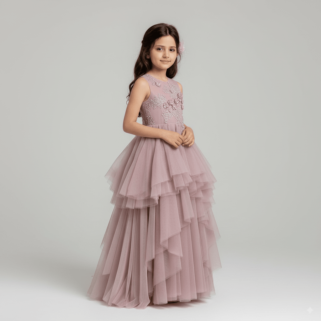 Dusty Rose Pink Layered Tulle Flower Girl Dress with 3D Floral Appliqué – Special Occasion Flower Girl Dress Plus Size - WonderlandByLilian