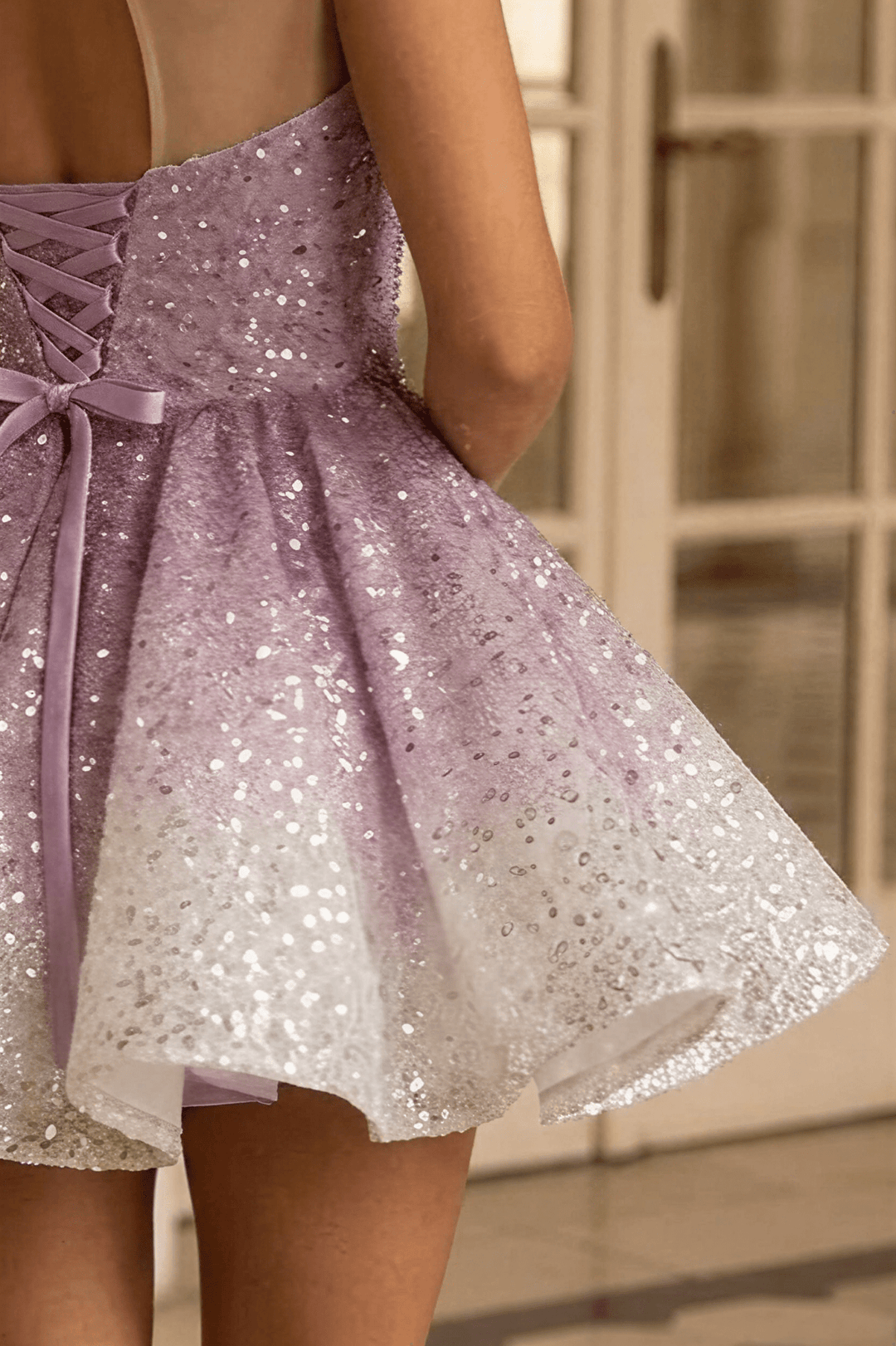Dusty Rose Pink Short Glitter Dress with Illusion Neckline – Sparkly Sequin Evening Dress with Corset Back Plus Size - WonderlandByLilian