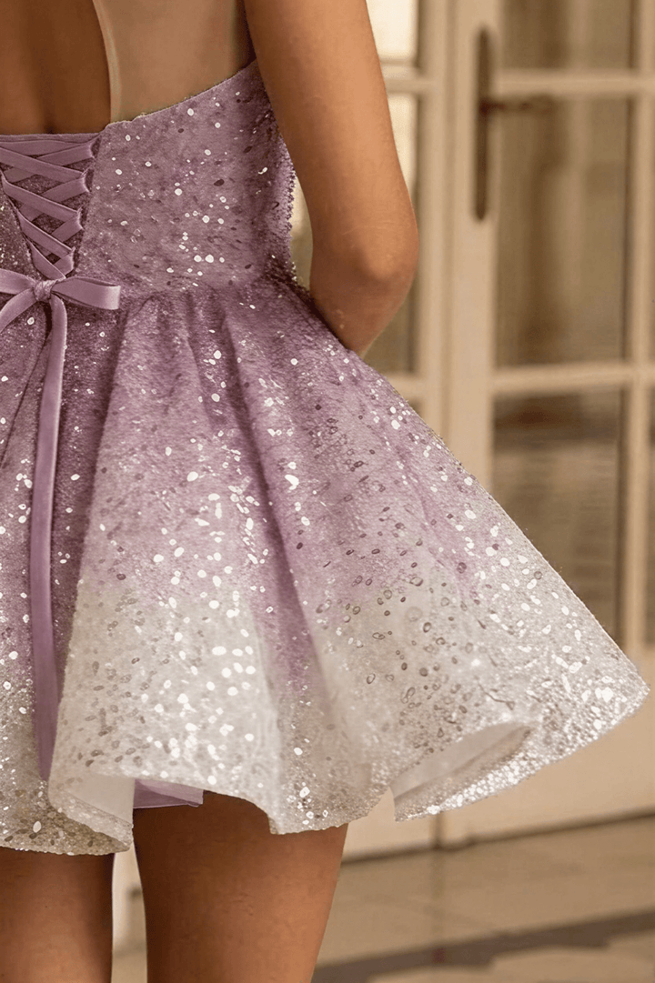 Dusty Rose Pink Short Glitter Dress with Illusion Neckline – Sparkly Sequin Evening Dress with Corset Back Plus Size - WonderlandByLilian