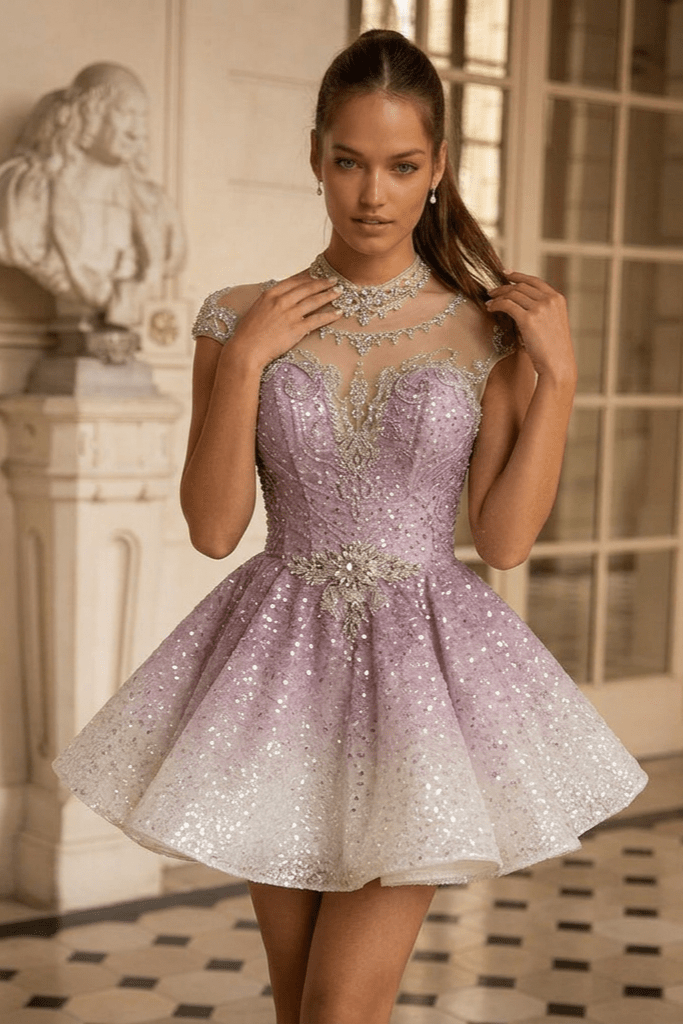 Dusty Rose Pink Short Glitter Dress with Illusion Neckline – Sparkly Sequin Evening Dress with Corset Back Plus Size - WonderlandByLilian