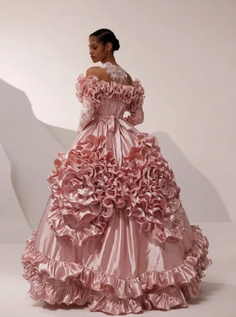 Pink Satin Vintage Antique A-line Ball Gown Wedding Dress with Long Sleeves and Ruffles - Plus Size