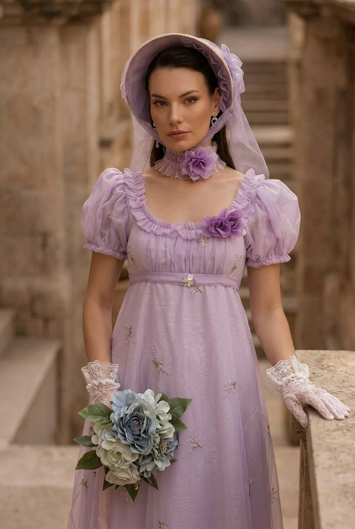 Romantic Lavender Purple Regency Era Embroidered Dress With Ruffle - Empire Waist Dress Plus Size