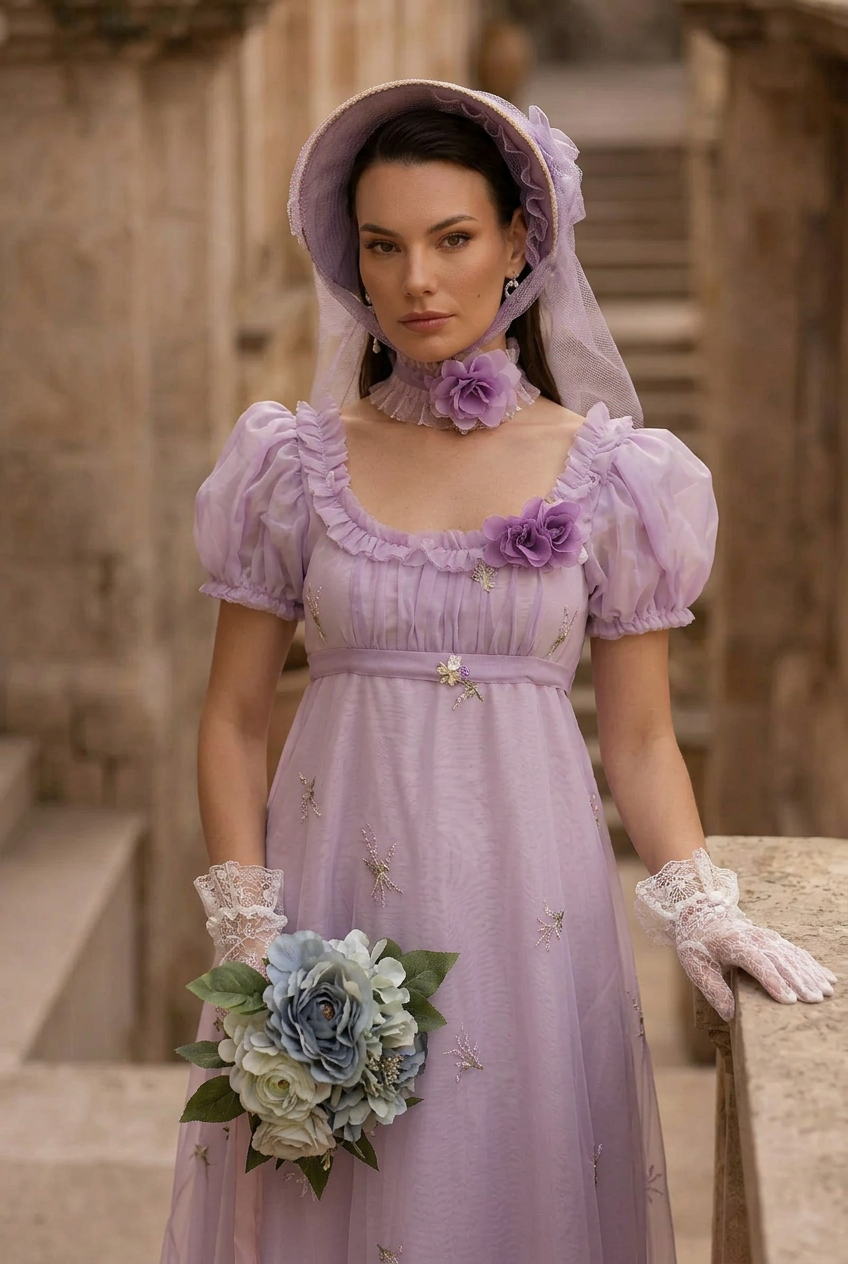 Romantic Lavender Purple Regency Era Embroidered Dress With Ruffle - E WonderlandByLilian Romantic Lavender Purple Regency Era Embroidered Dress With Ruffle - E WonderlandByLilian