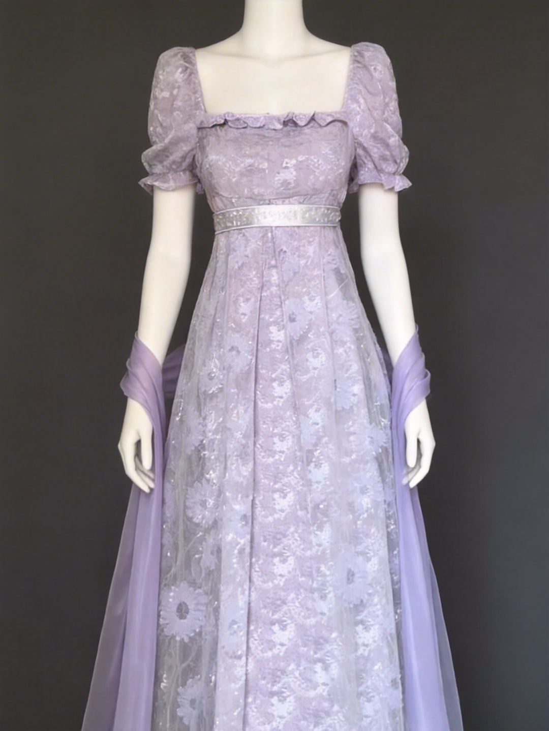 Regency Era Lavender Lace Empire Waist Vintage Gown with Sheer Puff Sleeves and Matching Shawl – Bridgerton Inspired Dress Plus Size