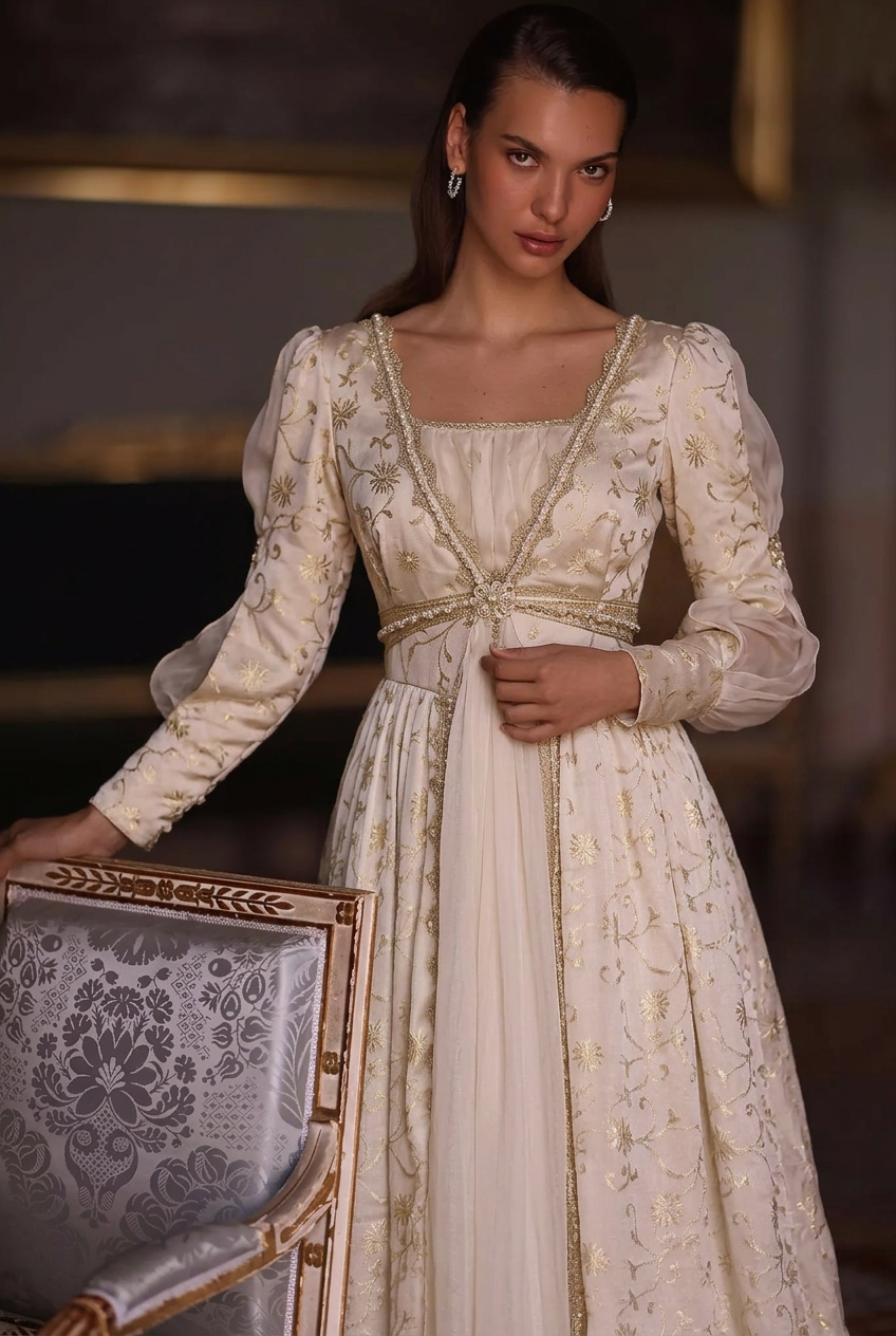 Regency Era Champagne Gold Embroidered Empire Waist Gown – Bridgerton Inspired Long Sleeve Vintage Dress Plus Size Size 2 / Champagne / With Shawl