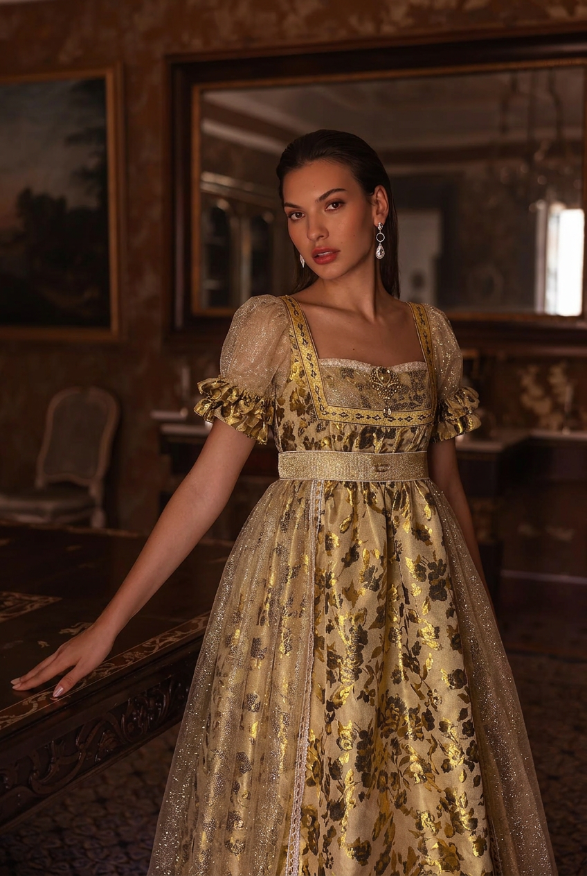 Bridgerton Inspired Gold Printed Regency Era Ball Gown - Regency Era prom dress costume Custom Made