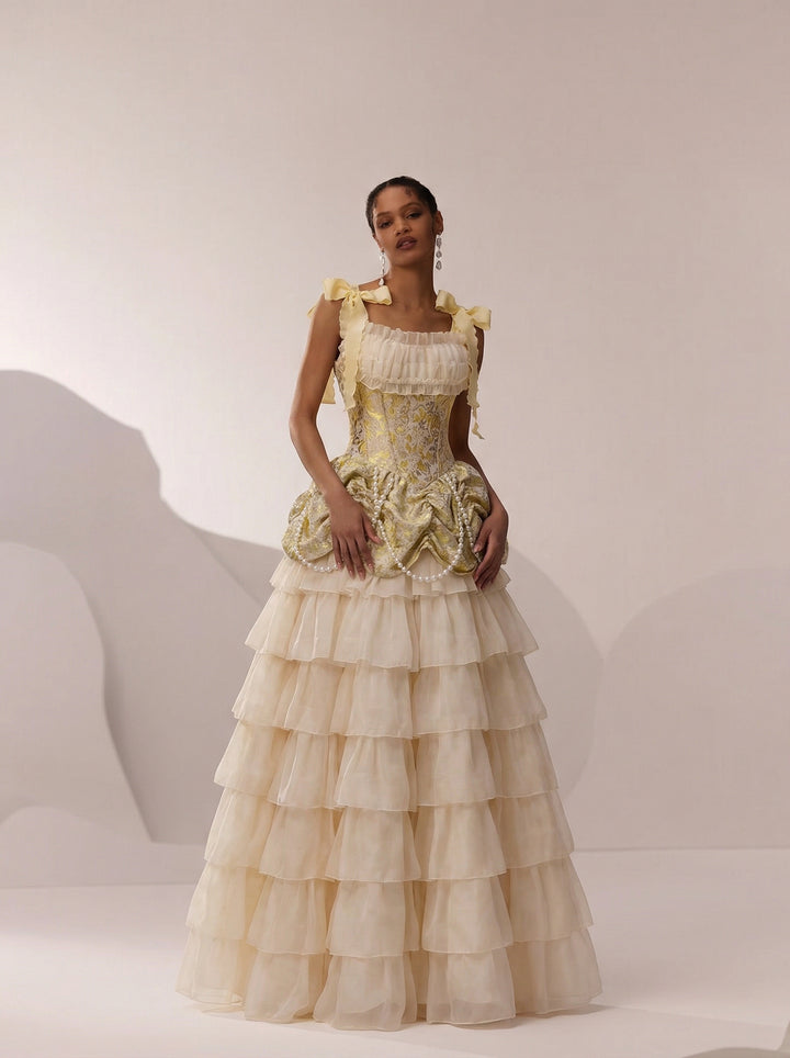 Vintage Yellow and Cream Layered Tulle Ruffle Dress - Corset Back Evening Gown with Lace Plus Size