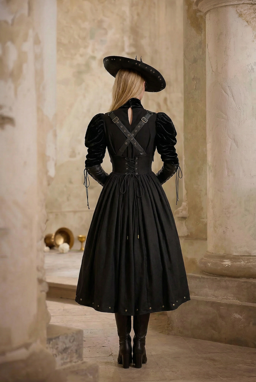 Gothic Lolita Black Ball Gown with puff Sleeve