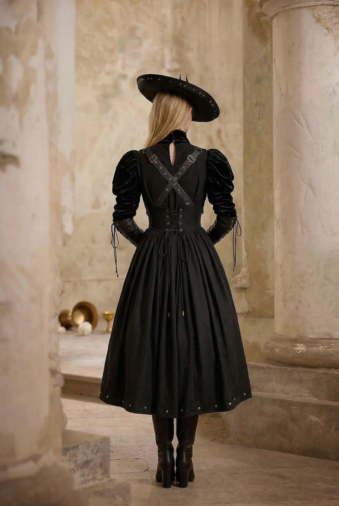 Gothic Lolita Black Ball Gown with puff sleeve - Gothic Corset Dress with Long Sleeve Blouse Plus Size