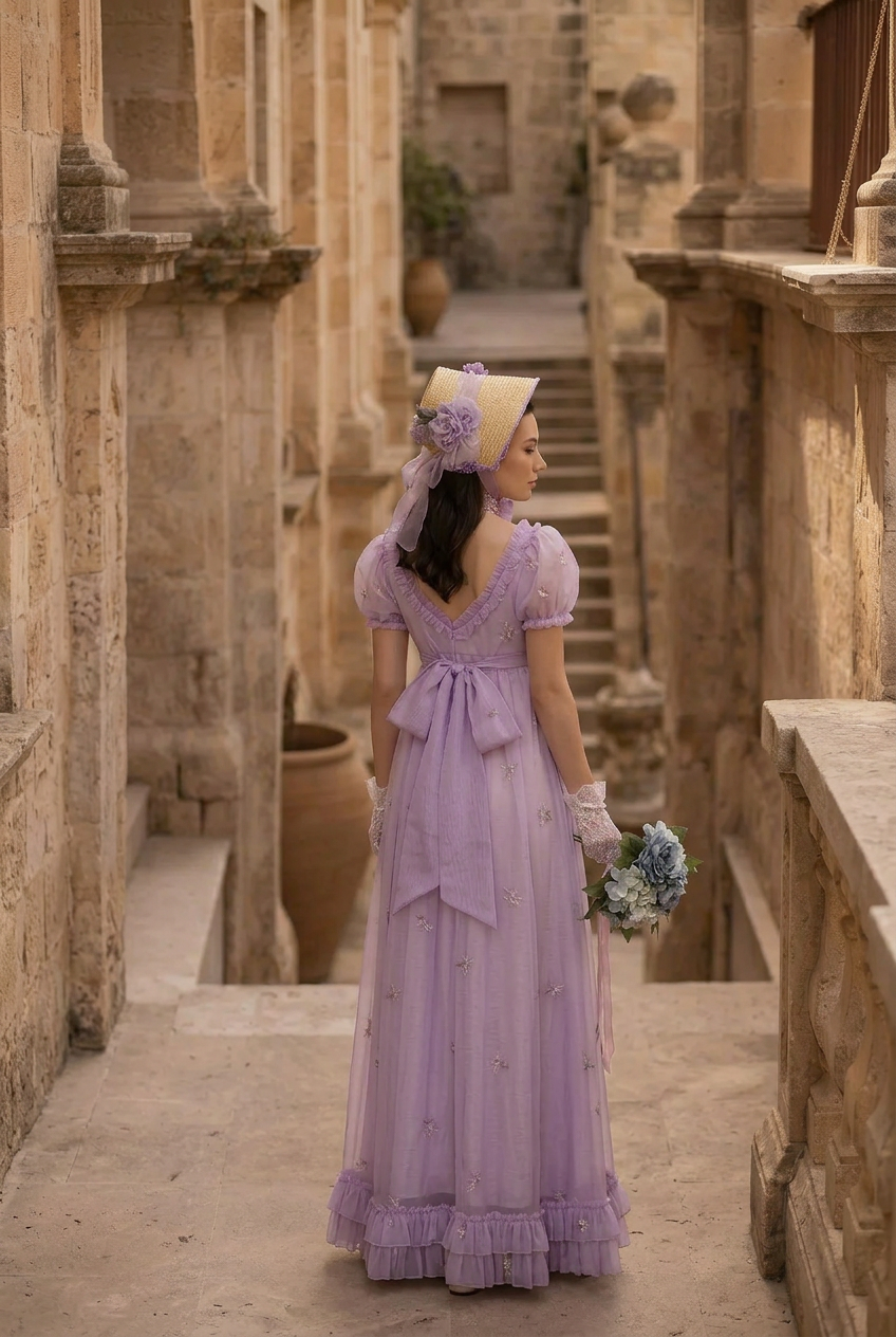 Romantic Lavender Purple Regency Era Embroidered Dress With Ruffle