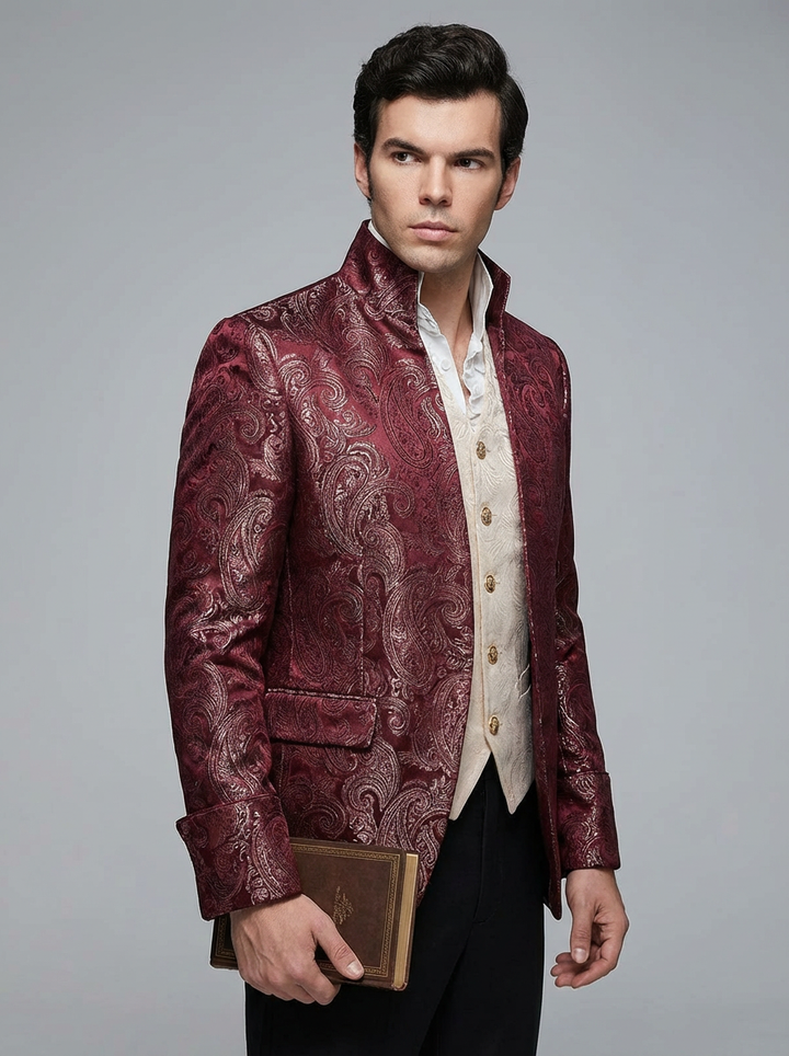 Regency Era Burgundy Jacquard Satin Tailored Jacket – Bridgerton Inspired High Collar Formal Regency Coat Made to Order Plus Size