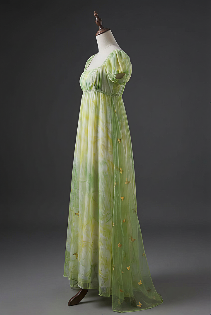 Regency Era Green Butterfly Embroidered Empire Waist Vintage Gown with Puff Sleeves – Bridgerton Inspired Dress Plus Size