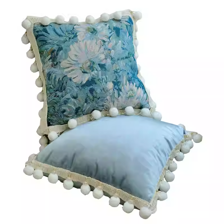 Monet’s Afternoon – Handmade Blue Velvet Cushion with Floral Tapestry and Pom Trim