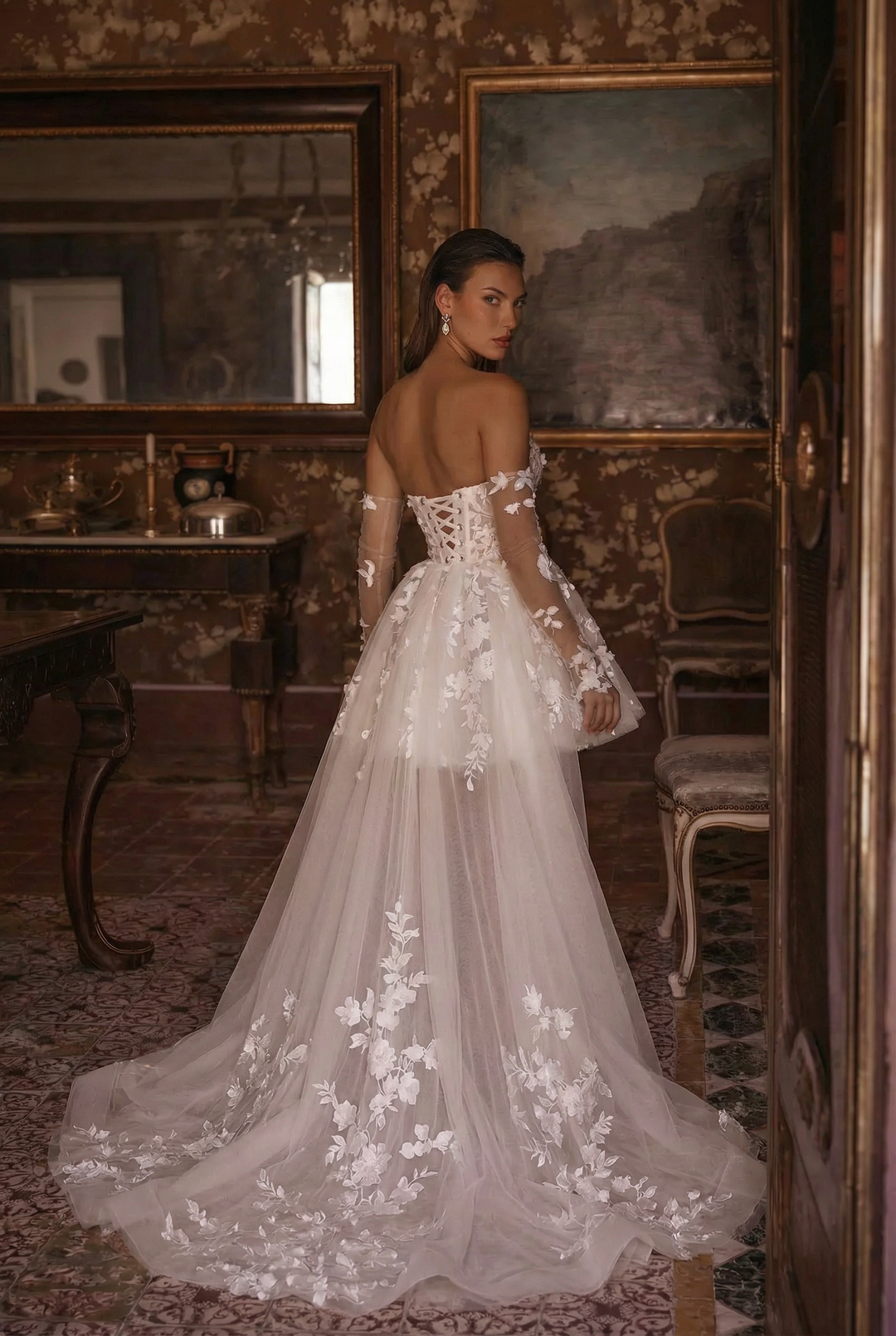 Short Floral Lace Wedding Dress with Corset Bodice and Convertible Sle –  WonderlandByLilian