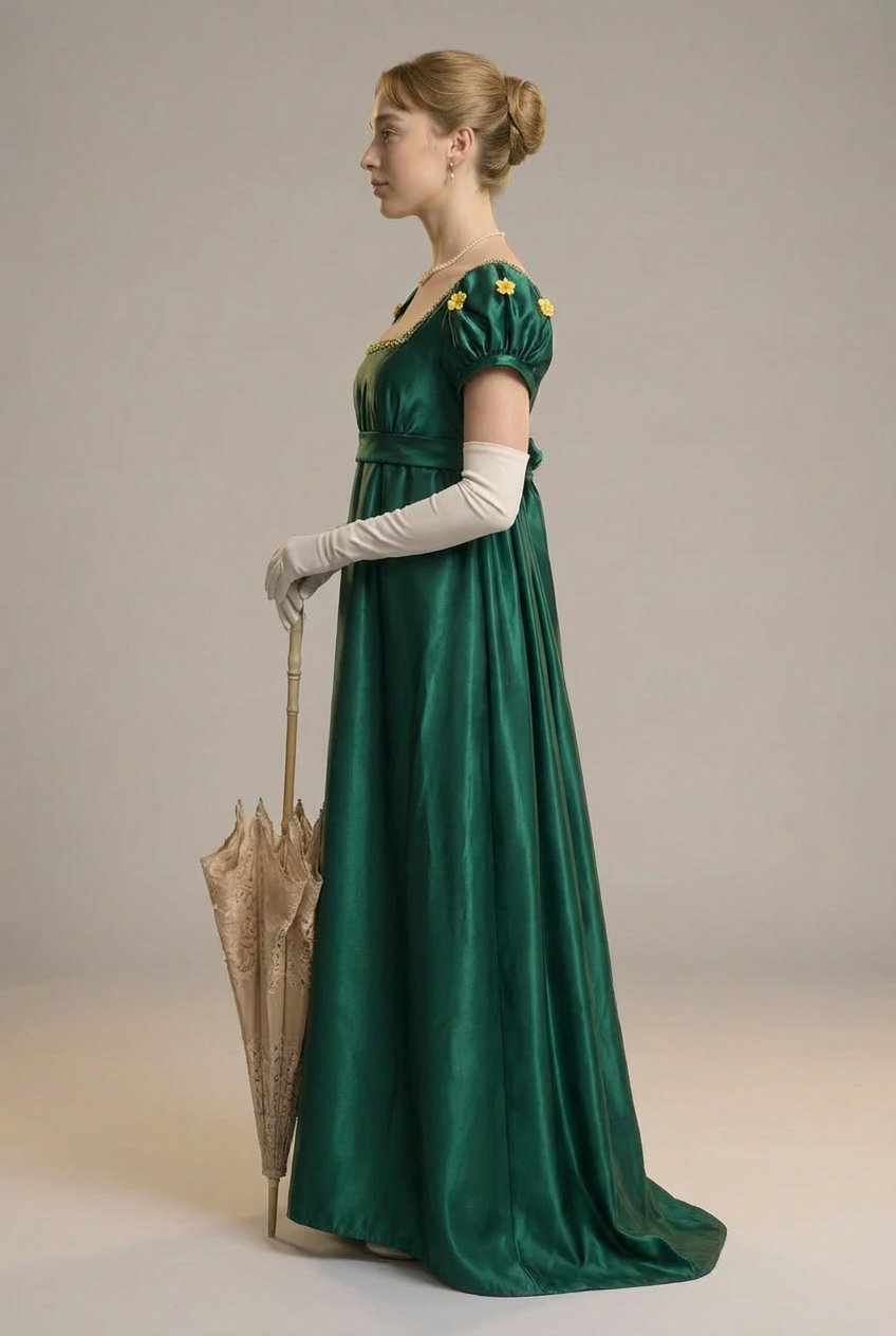 Emerald Green Bridgerton Inspired Regency Dress Women - Green Bridgerton Dress with Bow Tie Belt Plus Size