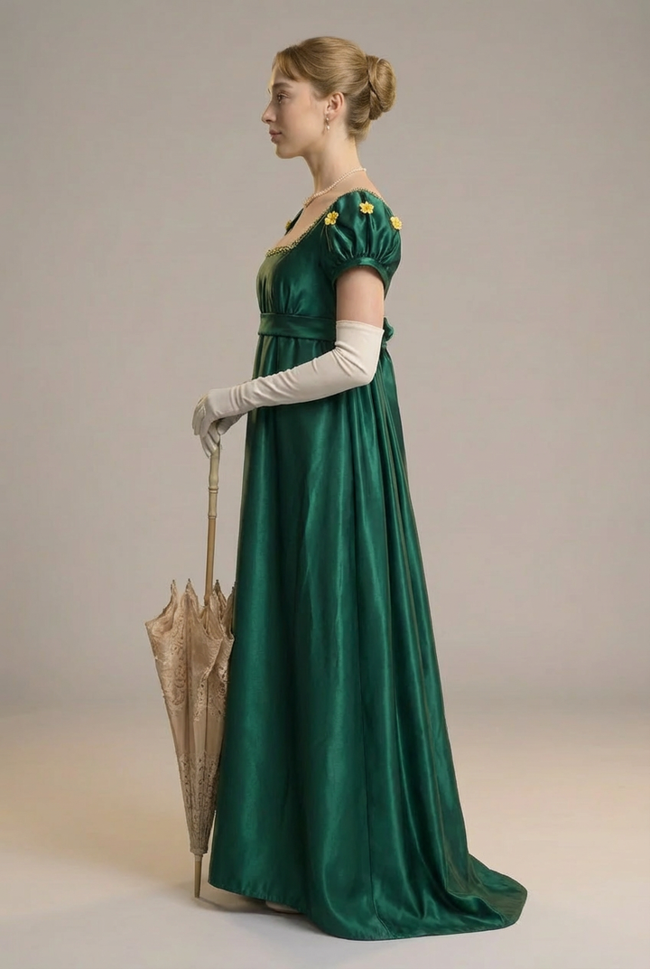 Emerald Green Bridgerton Inspired Regency Dress Women - Green Bridgerton Dress with Bow Tie Belt Plus Size