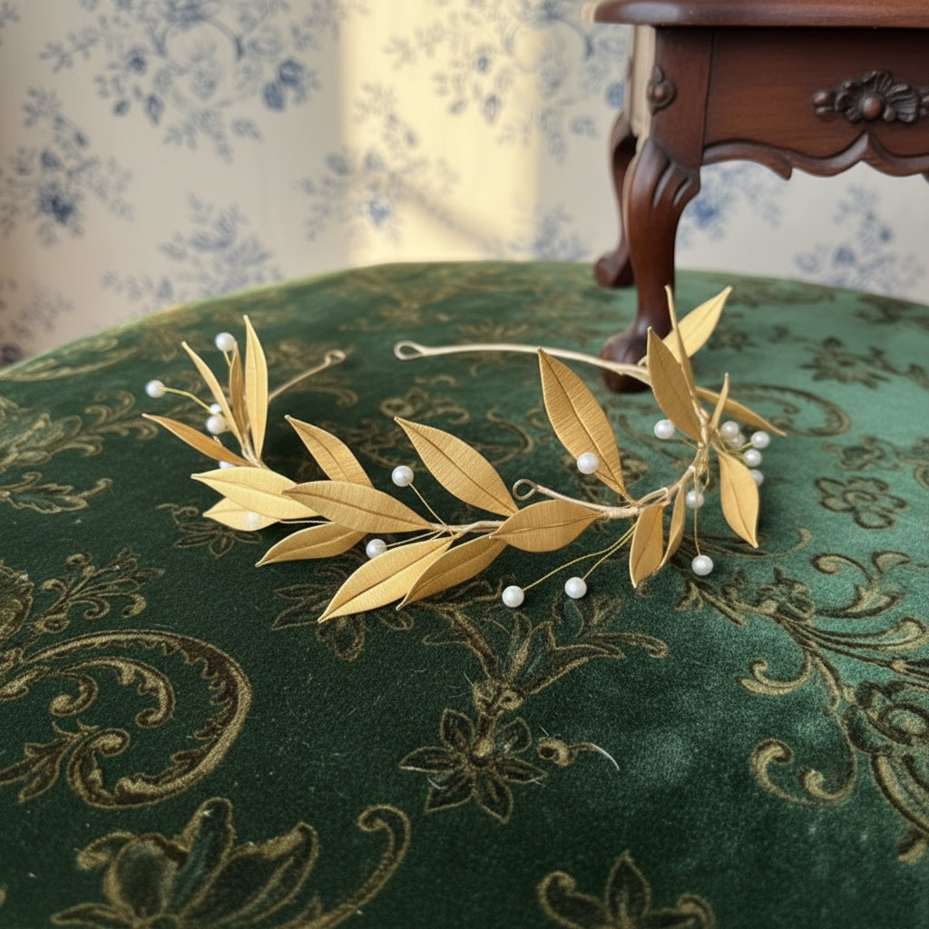 Bridgerton-Inspired Handmade Regency Era Gold Leaf Pearl Headpiece - Pearl Hair Accessorie