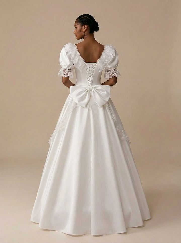 Satin Wedding Dress with Lace and Puff Sleeves – Vintage Wedding Gown with Corset and Large Back Bow Plus Size