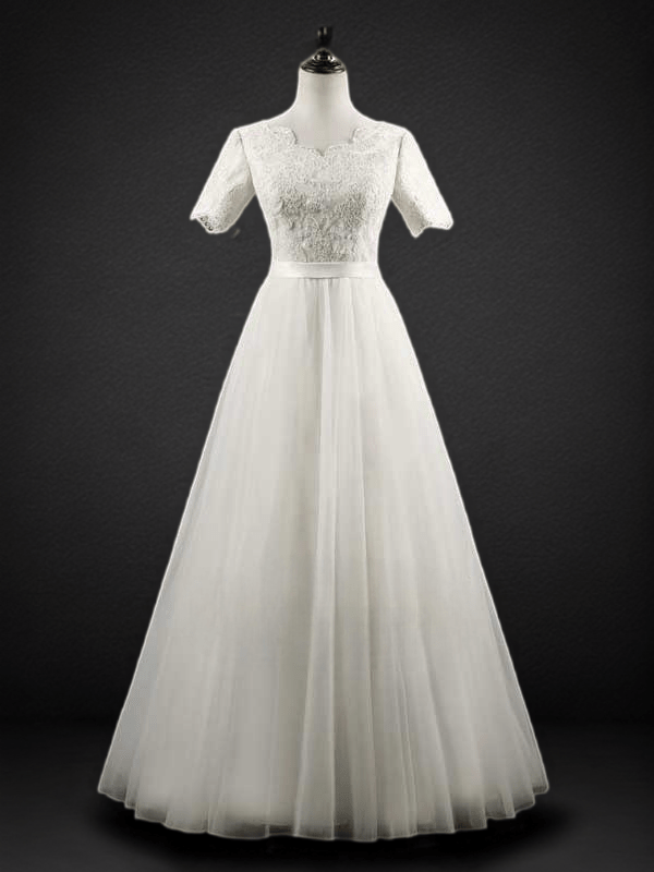 Effortless Elegance: Modest Lace Wedding Dress with Short Sleeves - Ready to Ship - WonderlandByLilian