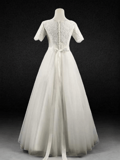 Effortless Elegance: Modest Lace Wedding Dress with Short Sleeves - Ready to Ship - WonderlandByLilian