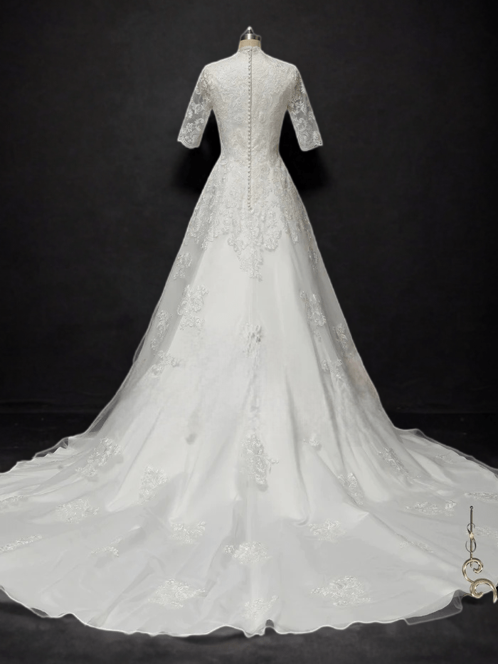 Effortless Elegance: Ready-to-Wear Modest Lace Wedding Dress with Half Sleeves - A-Line, Chapel Train - WonderlandByLilian