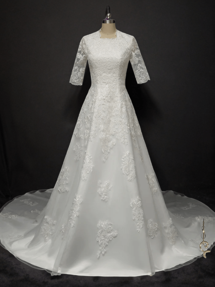 Effortless Elegance: Ready-to-Wear Modest Lace Wedding Dress with Half Sleeves - A-Line, Chapel Train - WonderlandByLilian