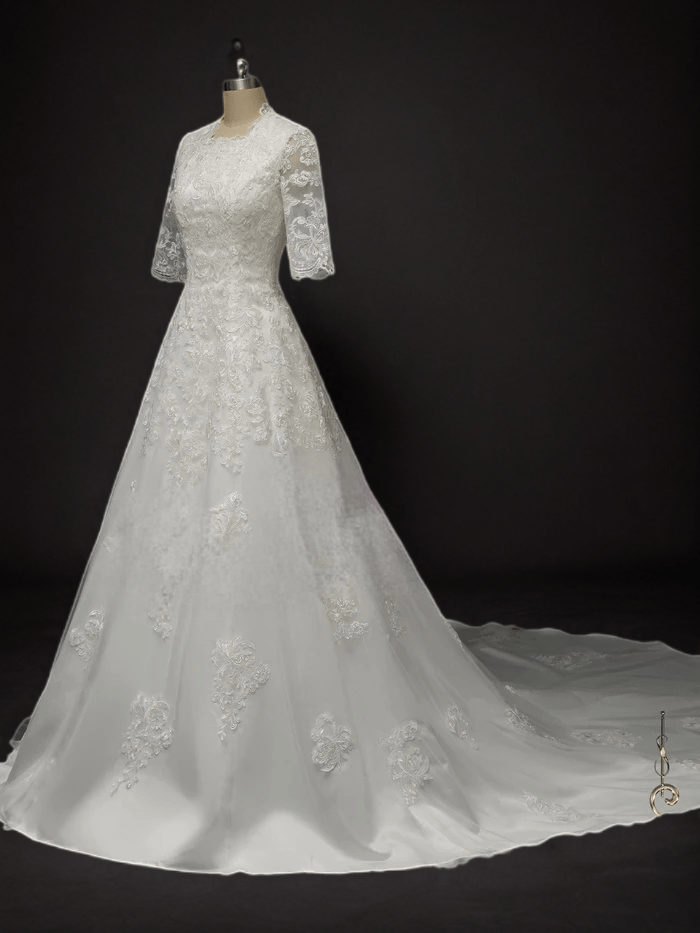Effortless Elegance: Ready-to-Wear Modest Lace Wedding Dress with Half Sleeves - A-Line, Chapel Train - WonderlandByLilian