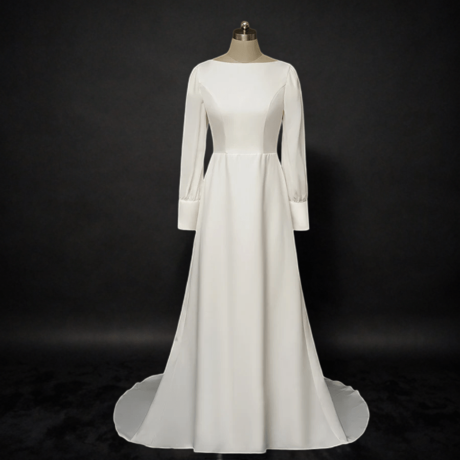 Elegance Redefined: Simple Modest Long Sleeves Wedding Dress - Slim A-Line, Crepe Chiffon - WonderlandByLilian