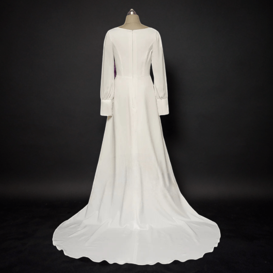 Elegance Redefined: Simple Modest Long Sleeves Wedding Dress - Slim A-Line, Crepe Chiffon Plus Size Size 8 Elegance Redefined: Simple Modest Long Sleeves Wedding Dress - Slim A-Line, Crepe Chiffon Plus Size Size 8