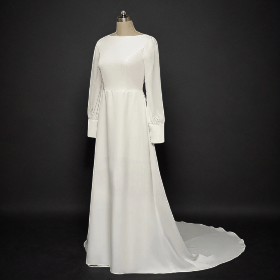Elegance Redefined: Simple Modest Long Sleeves Wedding Dress - Slim A-Line, Crepe Chiffon Plus Size Size 8 Elegance Redefined: Simple Modest Long Sleeves Wedding Dress - Slim A-Line, Crepe Chiffon Plus Size Size 8