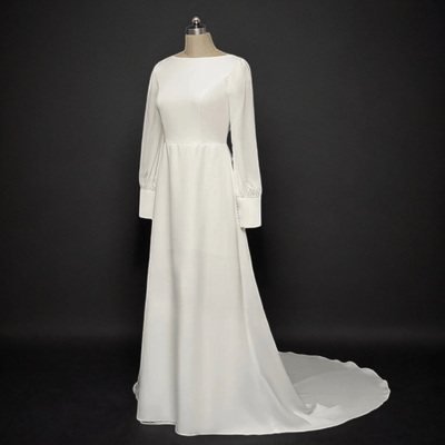 Elegance Redefined: Simple Modest Long Sleeves Wedding Dress - Slim A-Line, Crepe Chiffon - WonderlandByLilian
